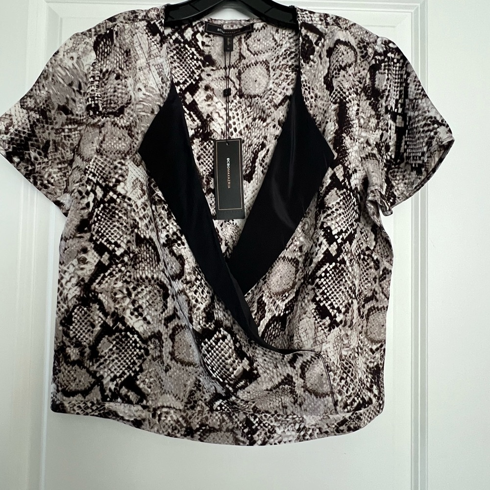 BCBG MAXAZRIA-Snake Print Faux Wrap Blouse in Black and Gray